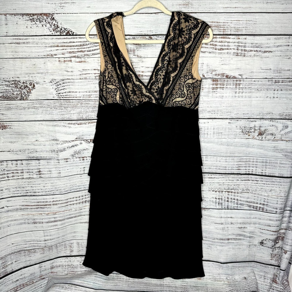 Adrianna Papell Black Lace Ruffle Layered Sleeveless Dress 12 - Picture 1 of 3
